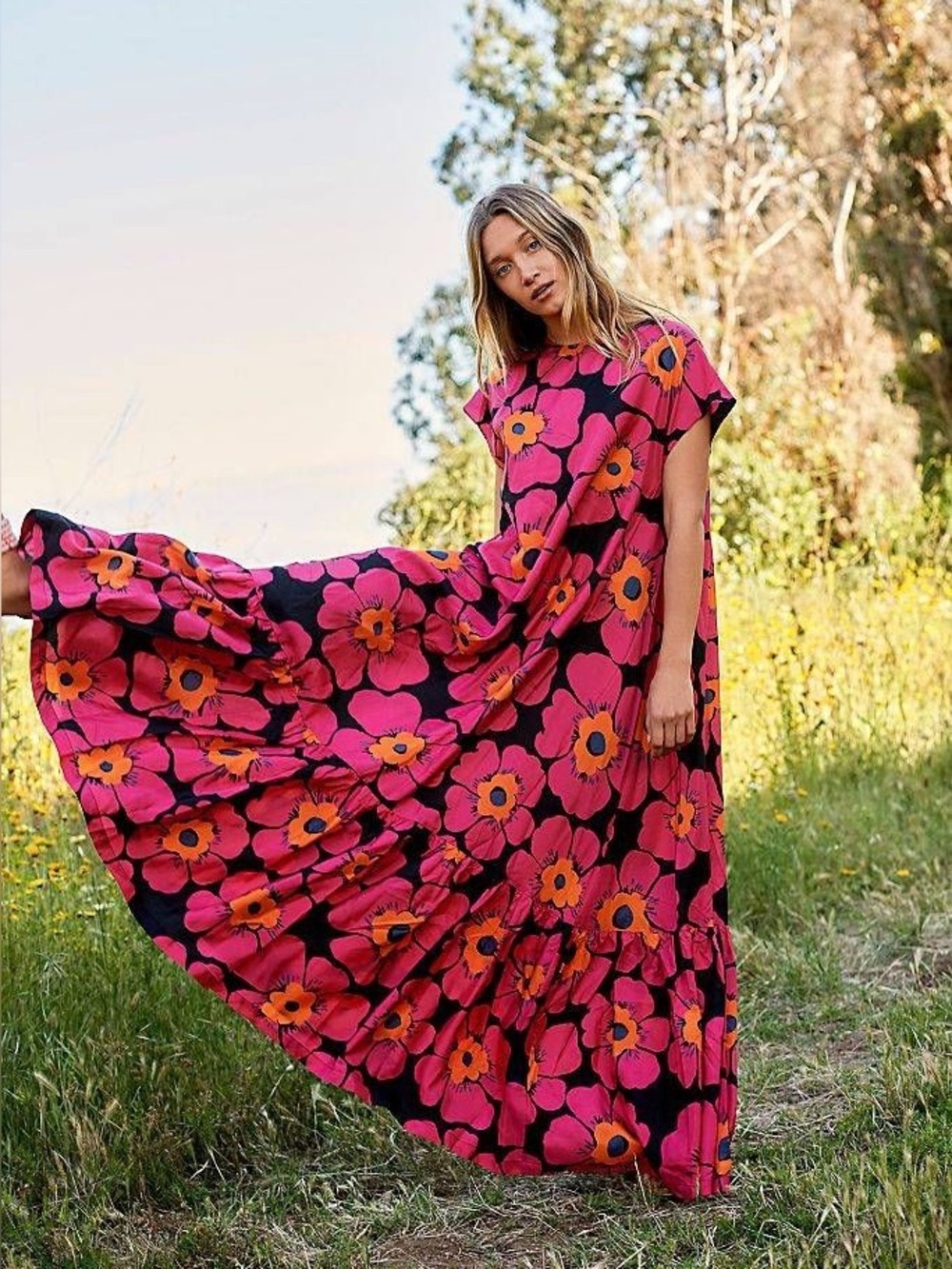 Free People • Blossom Maxi Dress black floral silk pink orange flowy Night Combo